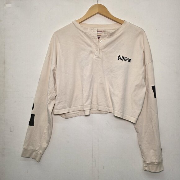 CHNGE Cream Long Sleeve Embroidered Grafic Crop Shirt Size Large - Picture 2 of 12